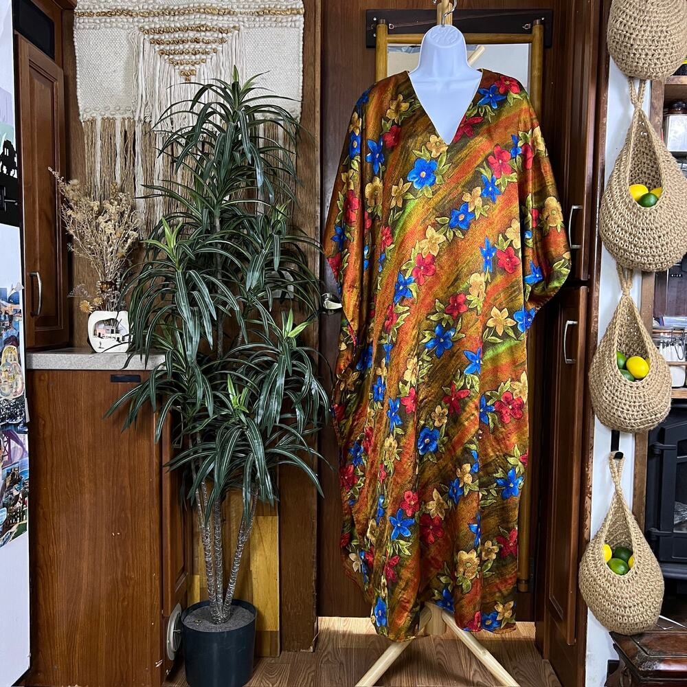 Vintage 90s Floral Kaftan Caftan Maxi Dress One Size Boho Lounge Resort Dress